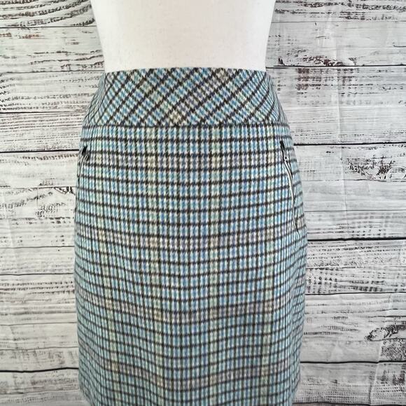 Talbots Skirt size 2 Black Purple Blue Houndstooth Plaid Wool Pencil Knee Suit - Picture 2 of 8